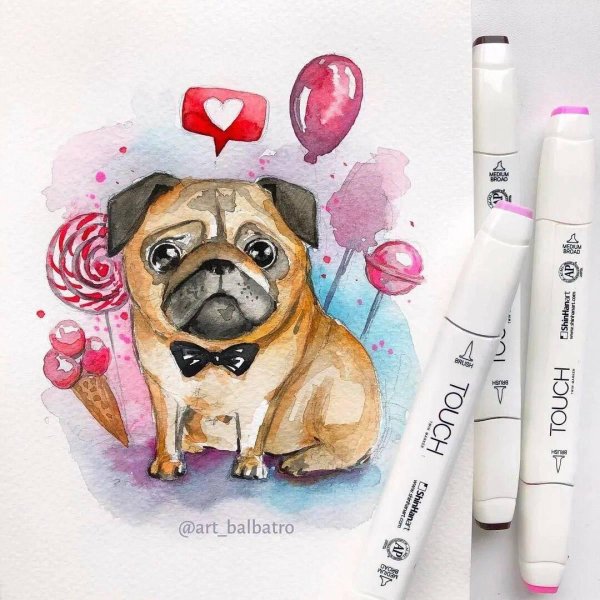 мопс акварелью