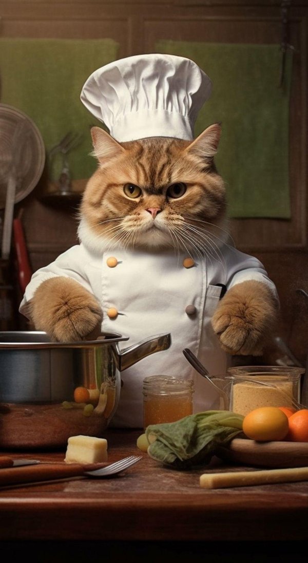 кот готовит еду