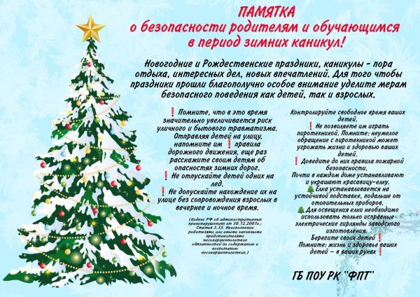памятка безопасного поведения на зимних каникулах