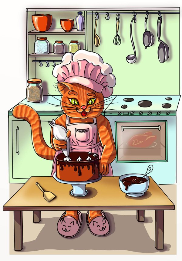 кошка готовит еду