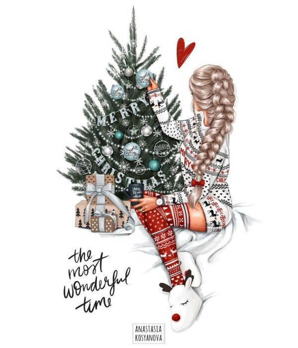 девушка наряжает елку арт