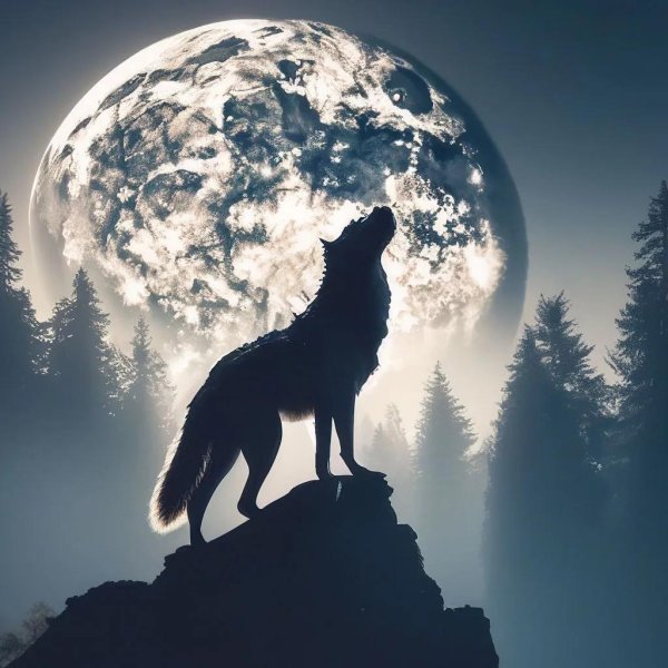 силуэт волка воющего на луну
