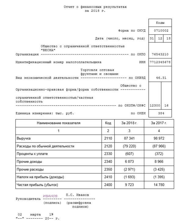 бухгалтерская финансовая отчетность пример